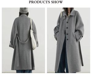 معطف نسائي شتوي طويل صوفي بلون سادة بمزيج ألياف البوليستر بزر واحد مع حزام - Product Image 4