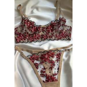 Eyyo Lingerie de haute qualité à imprimé floral crème avec broderie et détail nœud XL-XXL Soutien-gorge push-up rembourré et strings pour femme Body 75 - Product Image 2