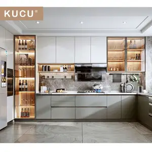 Kualitas Tinggi Glossy Putih Beige Handleless Lacquer Finish dengan Melamin Papan Kayu untuk Dapur Lemari Dapur Unit