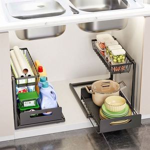 Étagère de rangement sous évier de cuisine à double niveau en métal, prête à l'emploi, avec design coulissant pour vaisselle, étanche et réglable - Product Image 4
