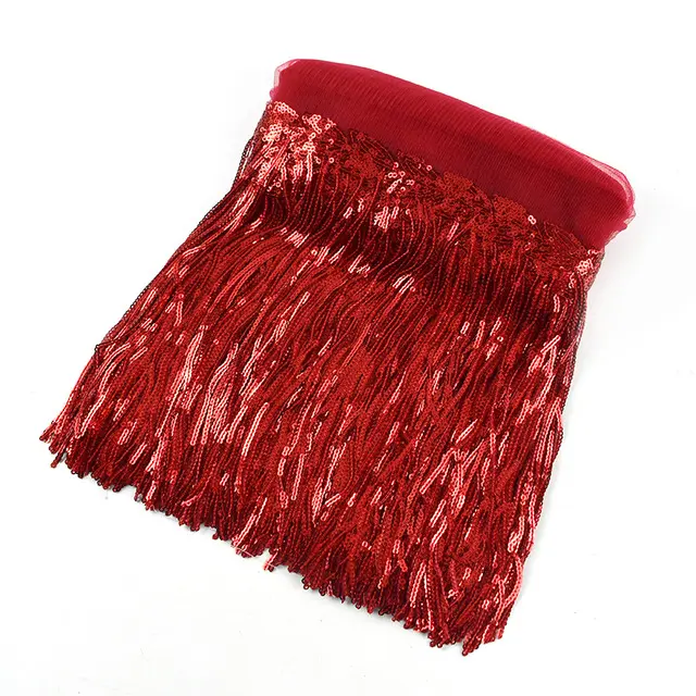 ชุดเดรสสำหรับเต้นรำผ้าลูกไม้ประดับลูกปัดสำหรับตกแต่งขอบพู่ขนาด20ซม. สีแดง