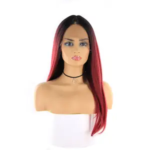 X-TRESS Ombre红色花边前部合成头发假发女性长直时尚Cosplay蕾丝假发中间部分假发