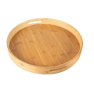 Old Carpenter's Hotselling 30cm Diameter Round Solid Bamboo Tray Wholesale Eco-Friendly Natural Wood Home Food Serving Tray