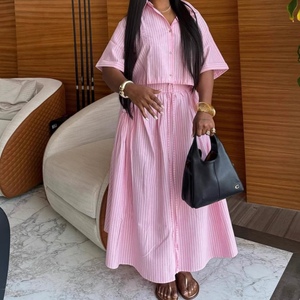 เสื้อเชิ้ตแขนสั้นลายทางคอปกสำหรับผู้หญิง กระโปรงทรงเข้ารูปเอวสูงผูกเอว สไตล์แอฟริกันใหม่ ชุดเซ็ต 2 ชิ้น แฟชั่น - Product Image 3