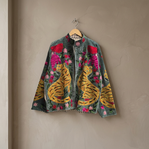 Hand Embroidered Tiger <b>Velvet</b> <b>Jacket</b> Women Mandarin Collar Full Sleeve Open Closure Autumn Boho Style Regular Length Suzani - Product Image 1
