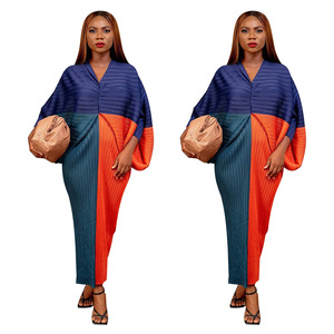 10263 Vêtements pour femmes européennes et américaines, approvisionnement transfrontalier, collection automne, best-seller, robe plissée à col en V et manches chauve-souris, color-block - Product Image 3