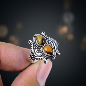 Anillo de Joyería de Aleación Plateada en Plata 925 Hecho a Mano con Piedra Natural de Ojo de Tigre Vintage, Talla Personalizada - Product Image 2