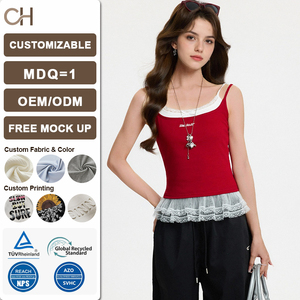 Camiseta sin mangas estilo americano con contraste de color y dobladillo de encaje, efecto dos piezas, para mujer, estilo chica sexy, <span class=keywords><strong>top</strong></span> rojo, primavera-verano 2026 - Product Image 1