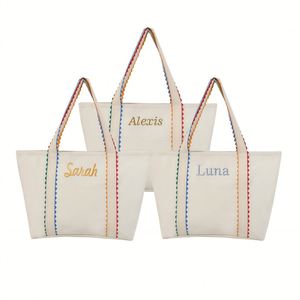 Bolso Tote Cuadrado de Lona Casual Personalizado con Iniciales, Bolsillo con Cremallera, Bolsa de Hombro Bordada, Versátil para Trabajo, Playa y Manualidades - Product Image 1