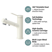 Robinet de lavabo de salle de bain avec jet cascade, bec extractible 2-en-1, monocommande 360° °   Robinet mélangeur pivotant à montage sur plan, économiseur d'eau