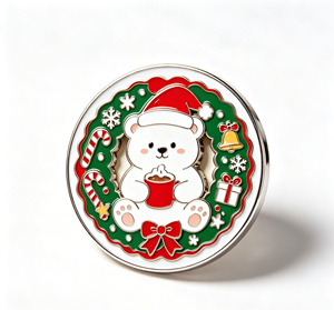 Christmas <b>Bear</b> Metal Enamel Pin Round Printed Brooch <b>Cute</b> Holiday Souvenir for Gift and Bag Decoration - Product Image 1