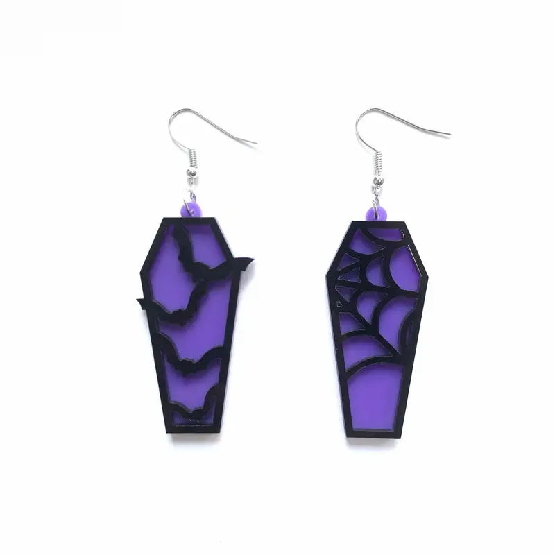 Gothic Purple Coffin Grave With Black Bat And Spider Web Asymmetric Acrylic Drop Earrings Halloween Party Earrings