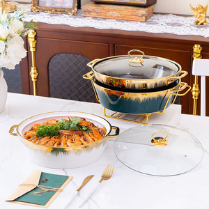 Olla de Cerámica Redonda Dorada de Lujo <span class=keywords><strong>para</strong></span> Buffet, Calentador de Comida, Olla <span class=keywords><strong>para</strong></span> Sopa, Olla <span class=keywords><strong>para</strong></span> Caldos con Soporte Dorado - Product Image 2