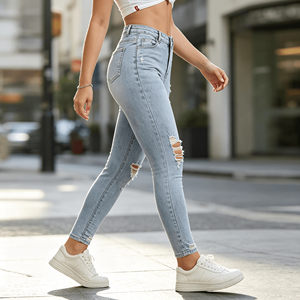 <span class=keywords><strong>Jeans</strong></span> ajustados <span class=keywords><strong>rotos</strong></span> de cintura alta para mujer, <span class=keywords><strong>jeans</strong></span> ajustados azules de diseñador, <span class=keywords><strong>jeans</strong></span> de mezclilla de algodón para mujer, moda urbana - Product Image 4