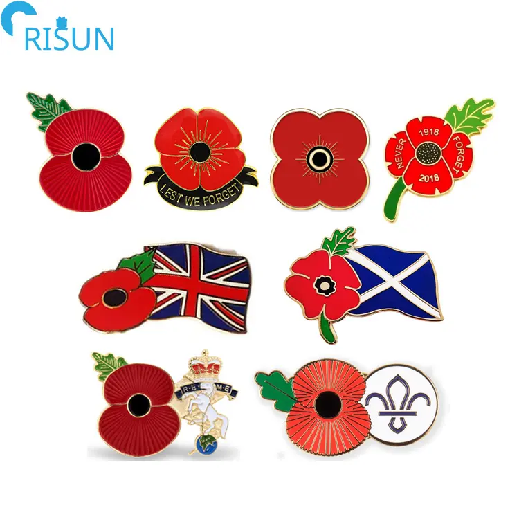 Customized Enamel Lest We Forget Remembrance Day Flag Poppy Lapel Pin Badges Brooches For Veteran's Day Custom Poppy Enamel Pins