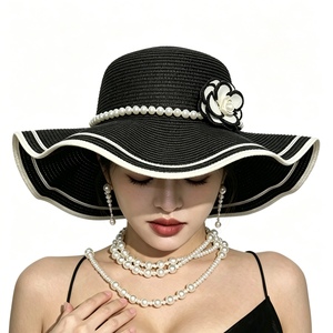 Chapeaux de paille élégants et luxueux en camélia, écologiques, à large bord ondulé, avec fleurs et chaîne de perles, pour femme, style sombrero de camélia - Product Image 1