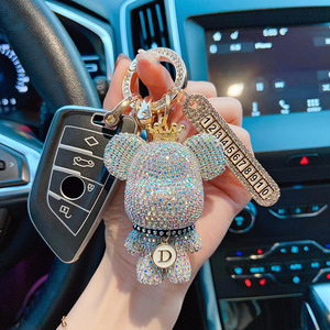Porte-clés de luxe avec lettres cloutées en diamant, anti-perte, plaque de numéro de téléphone, porte-clés strass, pendentif ours en peluche, porte-clés - Product Image 5