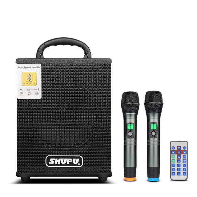 SHUPU HT-10 10-Inch Portable Powered Active Speaker Large Sound 2 Wireless Microphones BT/USD/USB for Home Parties Mobile Phones