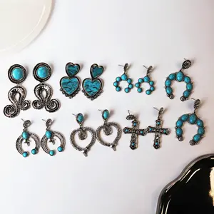 Hot Fashion retro ethnic style Hawaii bohemian turquoise heart-shaped women's earrings