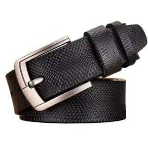 Hot Sale Men Grid Embossing Genuine Leather Belt Metal Alloy Pin Buckle Leather Waist Belt