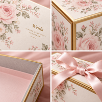Boîte cadeau rectangulaire rigide en carton avec ruban imprimé floral, bordure dorée et logo personnalisé