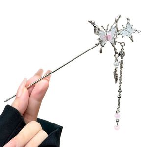 Épingle à cheveux papillon en cristal Y2K pour femmes, bâtonnets à cheveux à pampilles en forme de feuille de style chinois, accessoires capillaires vintage exquis et polyvalents pour Hanfu - Product Image 4