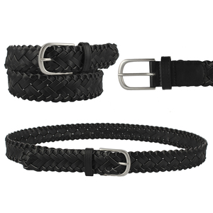 Vente en gros Vêtements homme <span class=keywords><strong>femme</strong></span> <span class=keywords><strong>Ceinture</strong></span> tissée en <span class=keywords><strong>cuir</strong></span> reconstitué PU tressé <span class=keywords><strong>noir</strong></span> <span class=keywords><strong>boucle</strong></span> <span class=keywords><strong>argent</strong></span> antique - Product Image 1