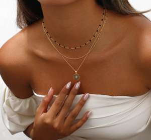 Collana con perline nera a tre strati dorata + catenina O-catenina nera con ciondolo in zircone 36 + 38 + 42 + 5cm N0054 - Product Image 4