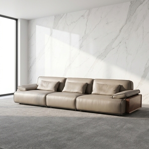 Conjunto Modular Seccional de 3 Plazas de Cuero de Grano Completo, Extra Grande y Confortable, con Decoración en Nogal y Reposabrazos Laterales Extensibles, para Apartamento - Product Image 1