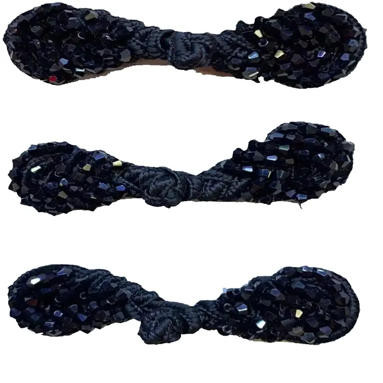 Handmade Black Leaf Shape Chinese Frog Closure Knot Button With Beads Sewing on it