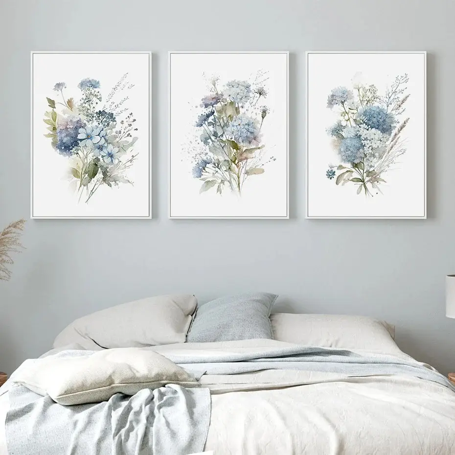 Phong cách hiện đại trang trí nội thất màu nước màu xanh pha trộn hoa lá thực vật Áp phích hình ảnh vải in tranh nghệ thuật với khung