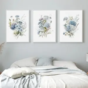 Poster botani daun bunga campuran biru cat air dekorasi rumah gaya Modern seni lukisan kanvas cetak dengan bingkai