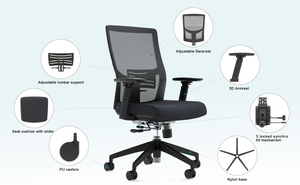 Sedia da Ufficio Ergonomica Girevole con Schienale Regolabile in Altezza, Prodotta in Cina, Seduta in Tessuto con Imbottitura in Schiuma Sagomata - Product Image 6