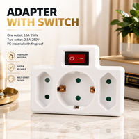 Adaptador Schuko Alemán con Interruptor Rojo, 16A 250V + 2x2.5A 250V Salidas, Material PC Ignífugo, Certificado CE RoHS
