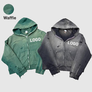 OEM Custom Streetwear 500gsm Vintage Cotton Zip up Oversized Waffle Knit Sun Faded Acid Washed Distressed <strong>Hoodie</strong> Men Supplier - Product Image 1