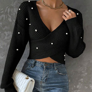 เสื้อสเวตเตอร์ผู้หญิงคอลเลคชั่นใหม่ประจำฤดูใบไม้ร่วง ประดับลูกปัด ไหล่ตก ทรงเข้ารูป แขนยาว แฟชั่น - Product Image 3