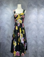 Robe de soirée XXL vintage, style printemps-été 2026, robe élégante à bretelles spaghetti, imprimé floral, longueur mi-mollet, robe noire de club