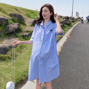 Robes d'été pour les femmes enceintes Chemise <span class=keywords><strong>mi</strong></span>-<span class=keywords><strong>longue</strong></span> ample avec jupe rayée Tenue de maternité à la mode pour la lactation - Product Image 3