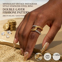 Bague en acier inoxydable doré pour femme, style Instagram minimaliste vintage, double couche, motif arête de poisson, incrustations de zircon.
