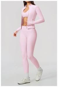 Women Blue Sporty 2 Piece Set Sleeveless Zipper Jacket Short <b>Top</b> High Waist Leggings Striped Knitted Spandex Polyester - Product Image 4