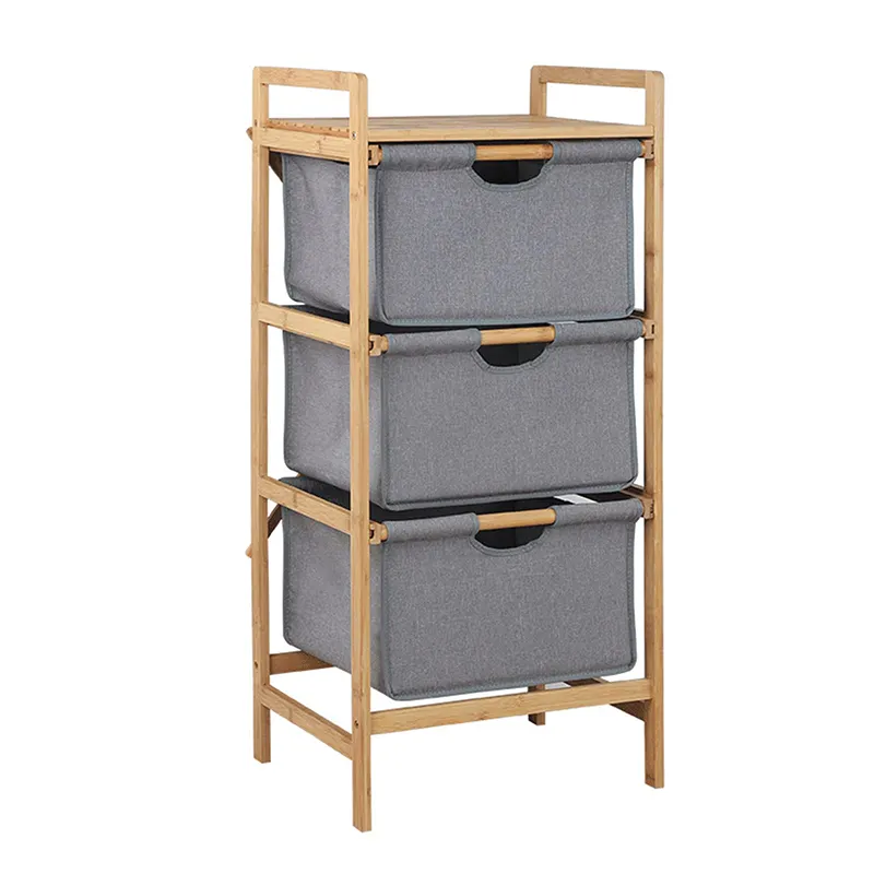Bamboo Basket Storage Drawers 3 Tiers Bathroom Organizer with Nature Wood Frame and Pull-Out Oxford Fabric Baskets