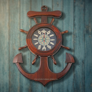 Horloge murale polie en bois de santal nautique avec roue de bateau, ancre et nœud marin - Product Image 2