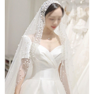 S2937F <span class=keywords><strong>2022</strong></span> haute qualité en gros jolie fête dentelle blanche mariée longue mariage perle voile - Product Image 1