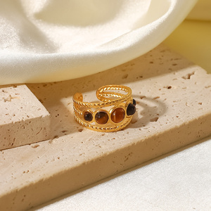 Anillos de Acero Inoxidable con Baño de Oro de 18K, Diseño Moderno, con Cinco Piedras de Ojo de Tigre, Redondos y Huecos, para Mujer - Product Image 3