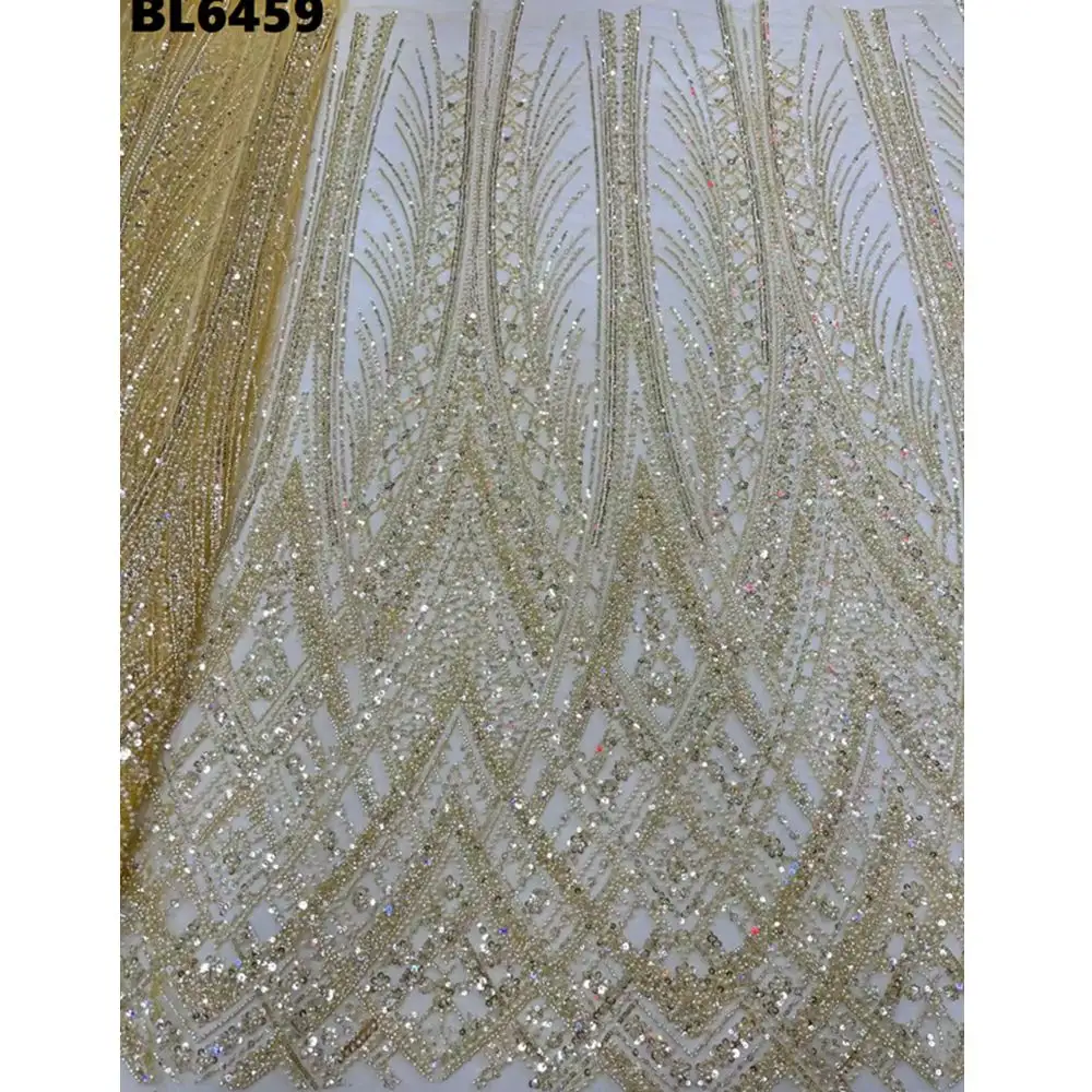 Di lusso medio-orientale abito da sposa tessuto in oro francese ricamato in Tulle di paillettes tessuto di pizzo con perle