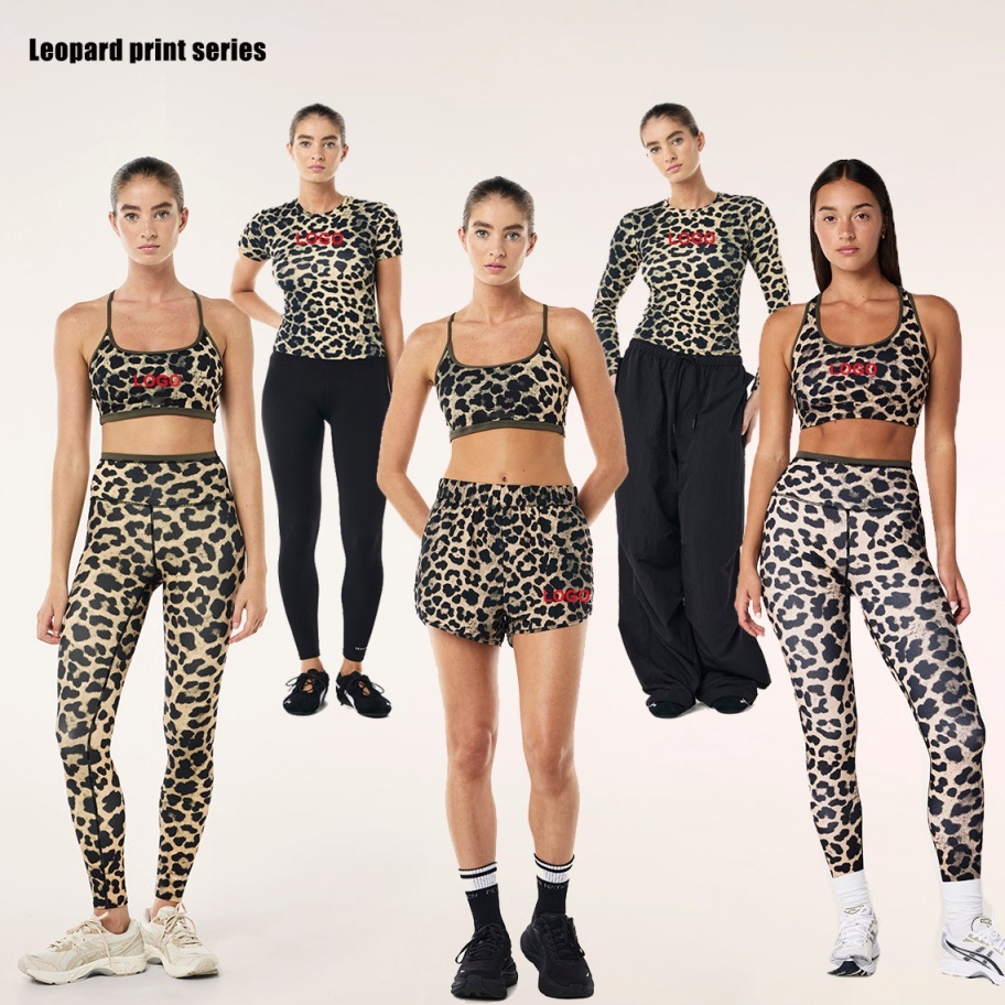Women's Custom Two Piece Yoga Set-Modest Leopard Print Soft Shirt and Legging Shorts for Spring Summer Cheetah Loungewear