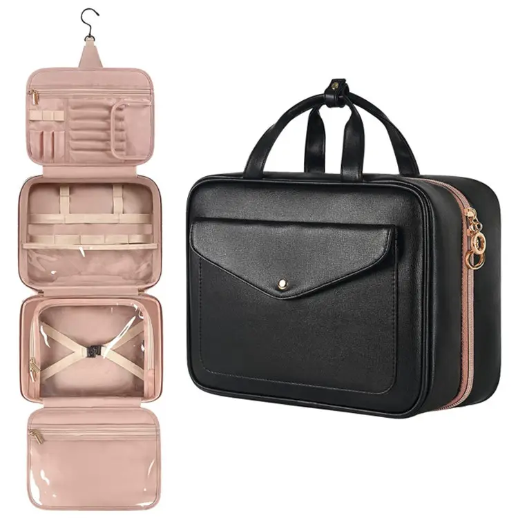 Personalized Stylish Waterproof Luxury Makeup Organizer Case Hanging Toiletry Bag Portable PU Travel Cosmetic Bags for Women
