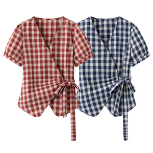 Chemise écossaise à carreaux pour femmes, nouvelle <span class=keywords><strong>chemisier</strong></span> d'été à col en V, froncée, à nouer à la taille, à manches bouffantes, coupe ajustée - Product Image 1