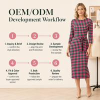 Robe midi personnalisée à imprimé pied-de-poule rose et vert pour femmes |   Robe cintrée à manches 3/4 avec ceinture à nouer à la taille |   Usine de fabrication OEM/ODM en marque blanche