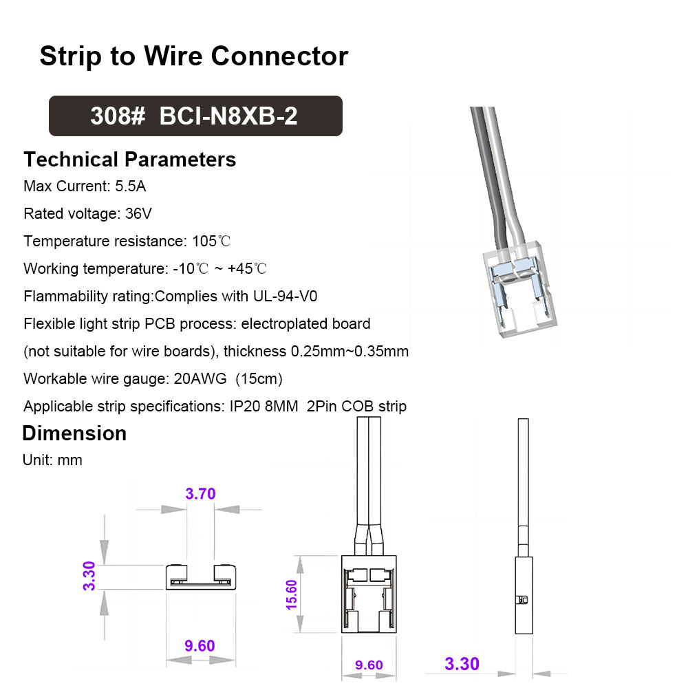 308 #8mm 2Pin tira para alambre